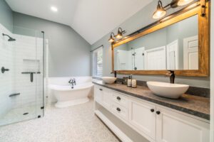 bathroom remodel with walk in shower and soak tub